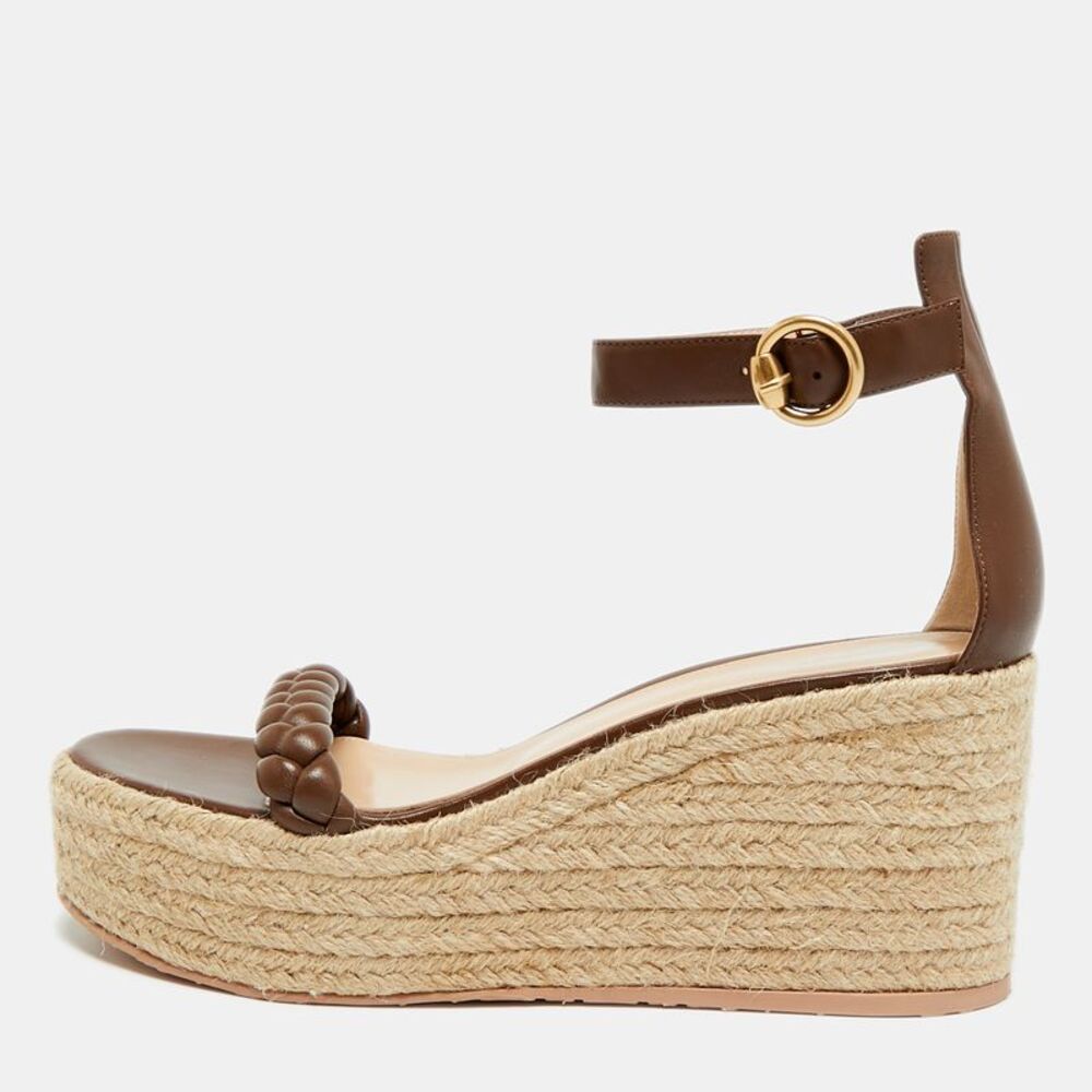 Gianvito Rossi Merida Size 41 Brown Braided Leather Espadrille Wedge Sandals